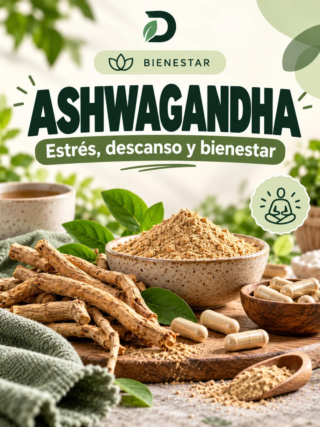 Ashwagandha con raíz, polvo y cápsulas