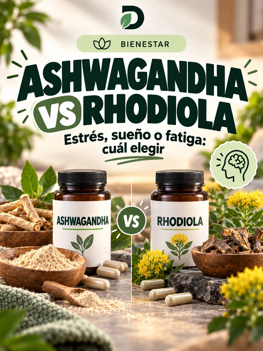 Comparativa de ashwagandha y rhodiola con raíces, flores y extractos