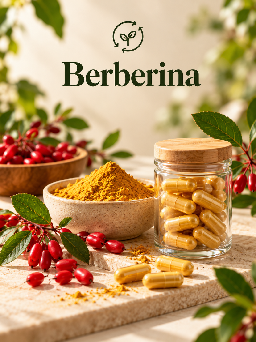 Berberina en polvo con plantas y cápsulas, portada DynoraFit