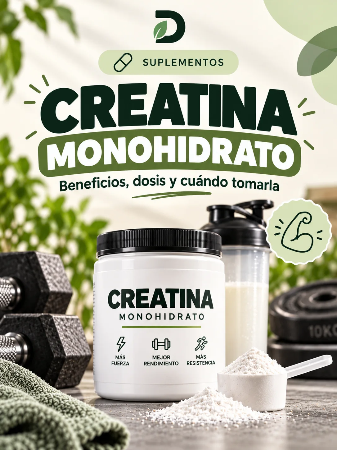 Creatina en polvo con mancuernas y shaker