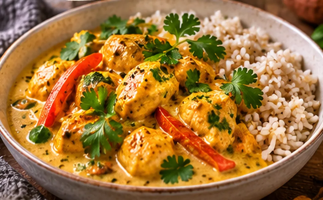 Fotografía de pollo al curry con cúrcuma