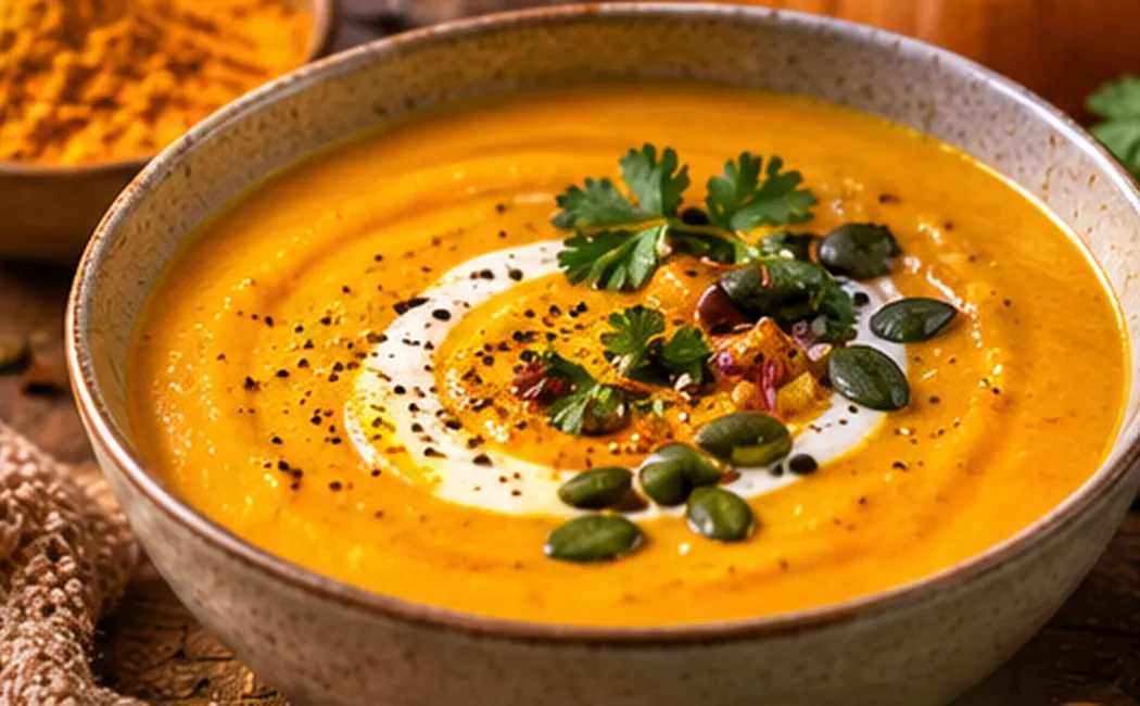 Fotografía de crema de calabaza con cúrcuma