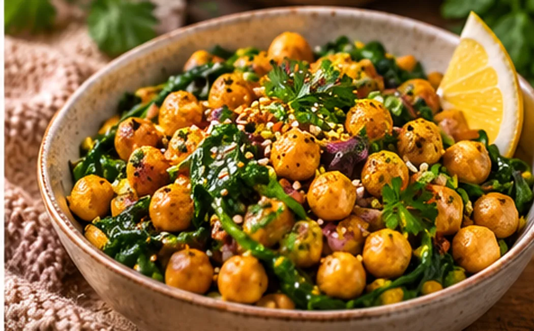 Fotografía de garbanzos con espinacas y cúrcuma