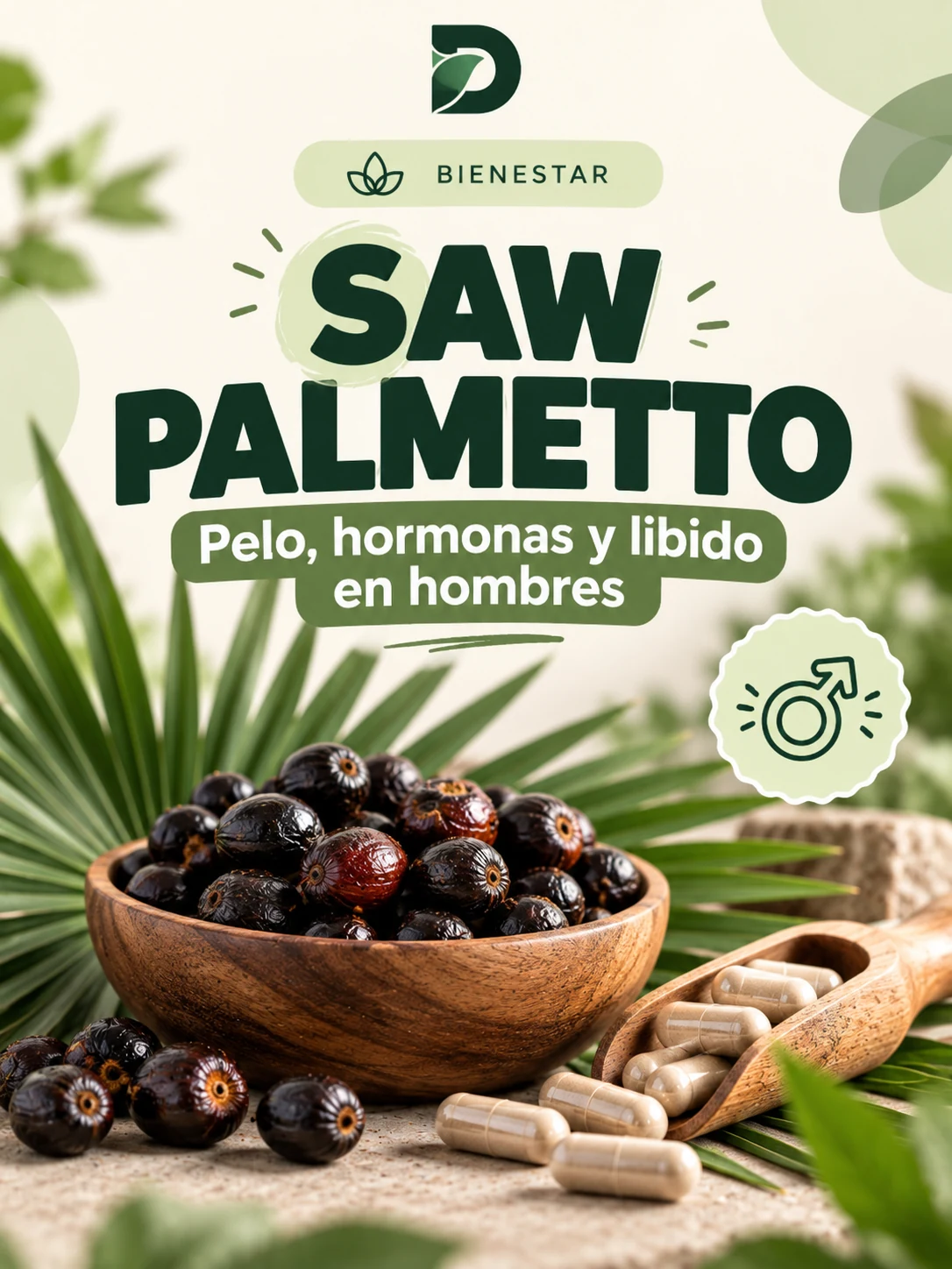 Saw palmetto con frutos oscuros, planta y cápsulas