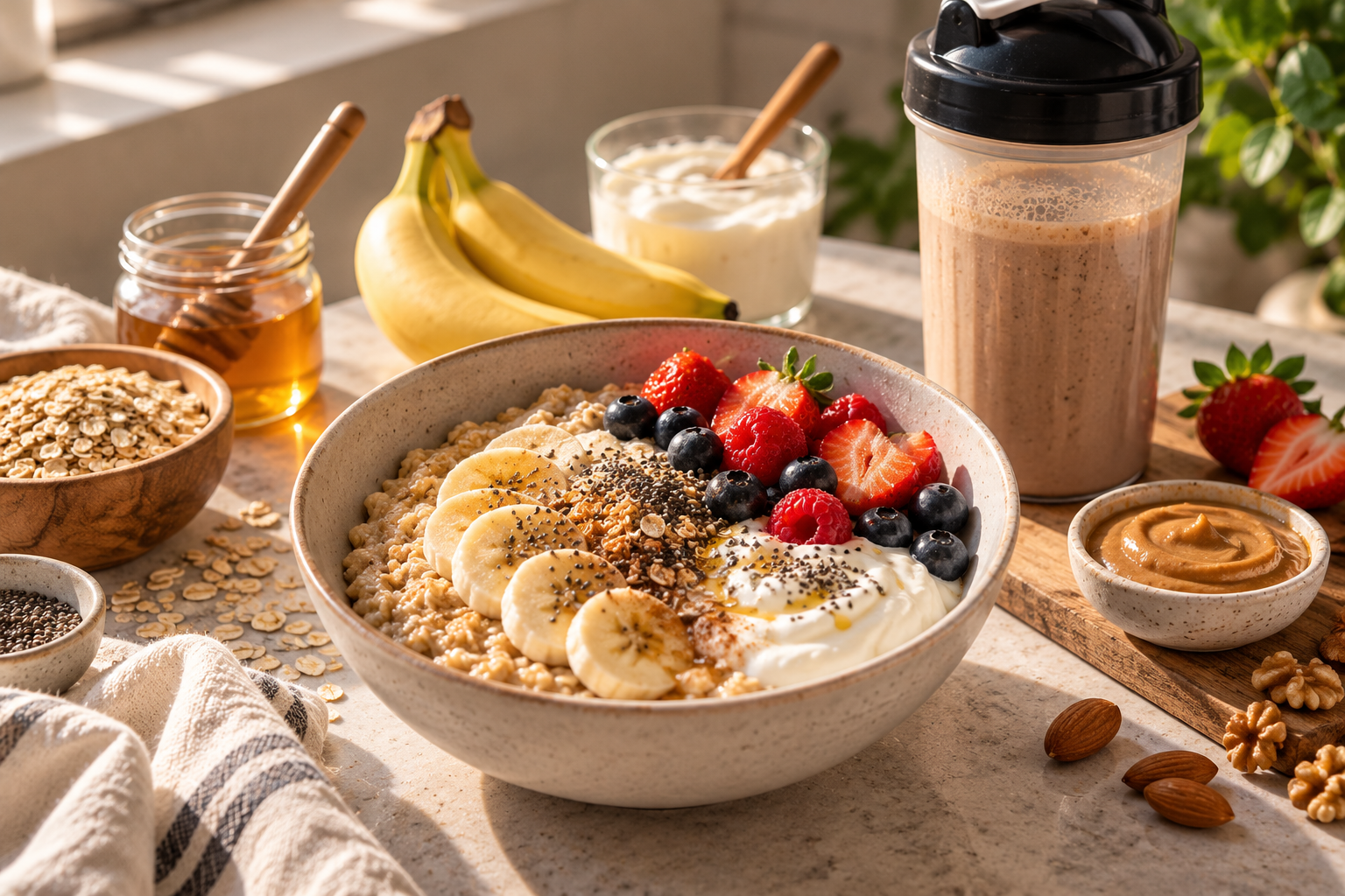 Avena con plátano, frutos rojos y yogur para antes de entrenar