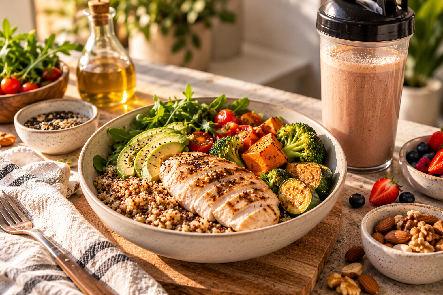 Comida de recuperación con pollo, quinoa, verduras y batido