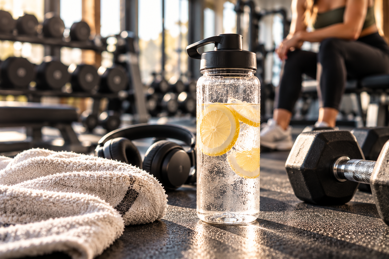 Botella de agua fresca, toalla y mancuernas en un gimnasio