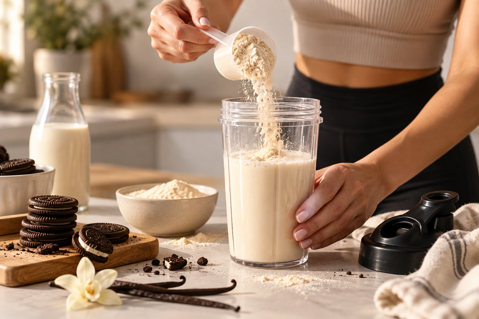 Preparación de un batido cremoso de proteína con galletas y vainilla