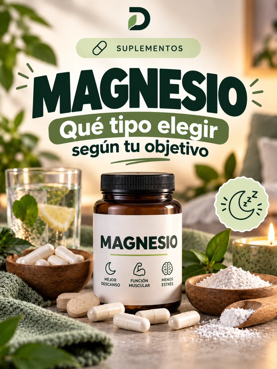 Magnesio en cápsulas con frutos secos y hojas verdes