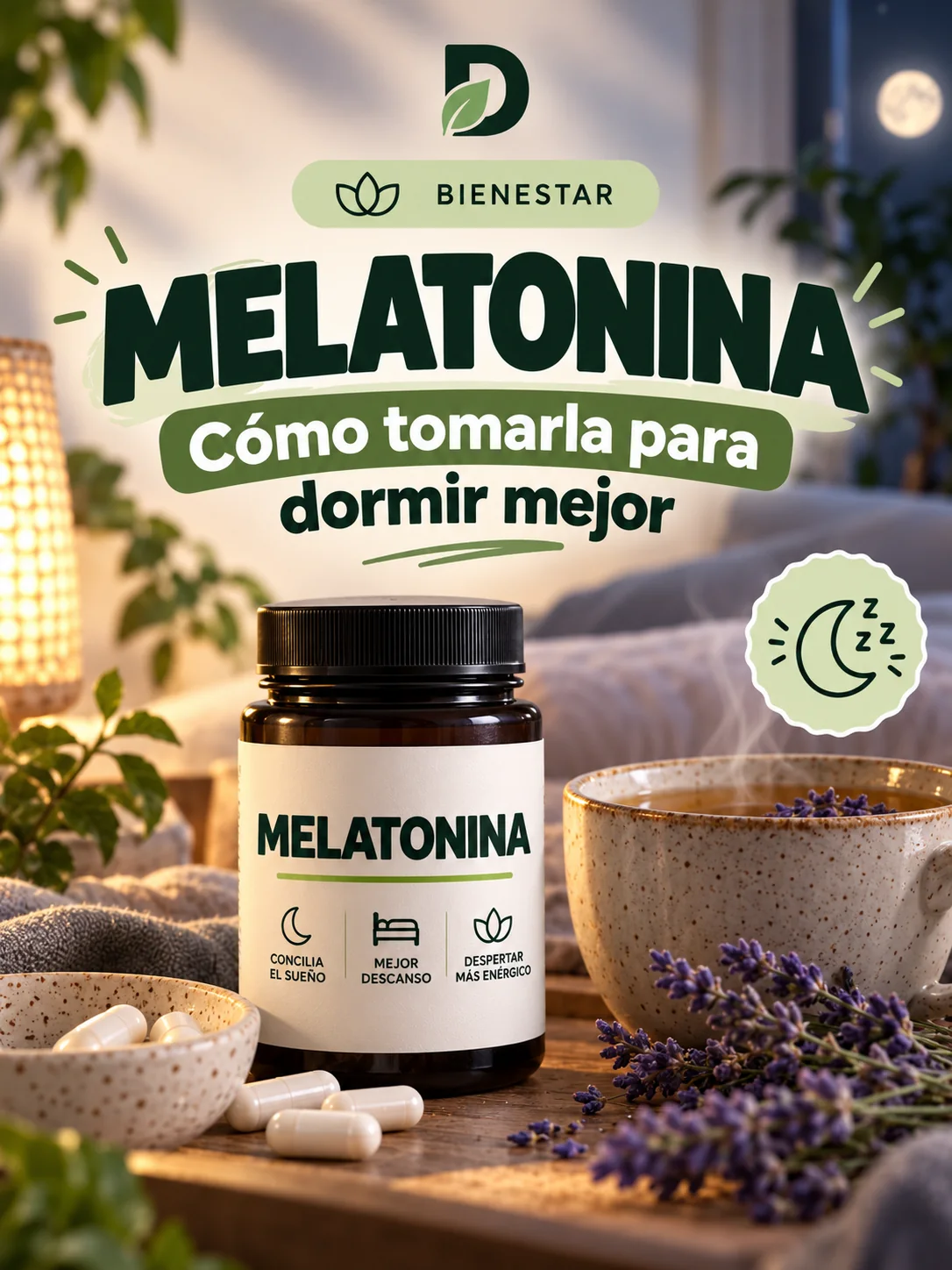 Melatonina en cápsulas en ambiente nocturno