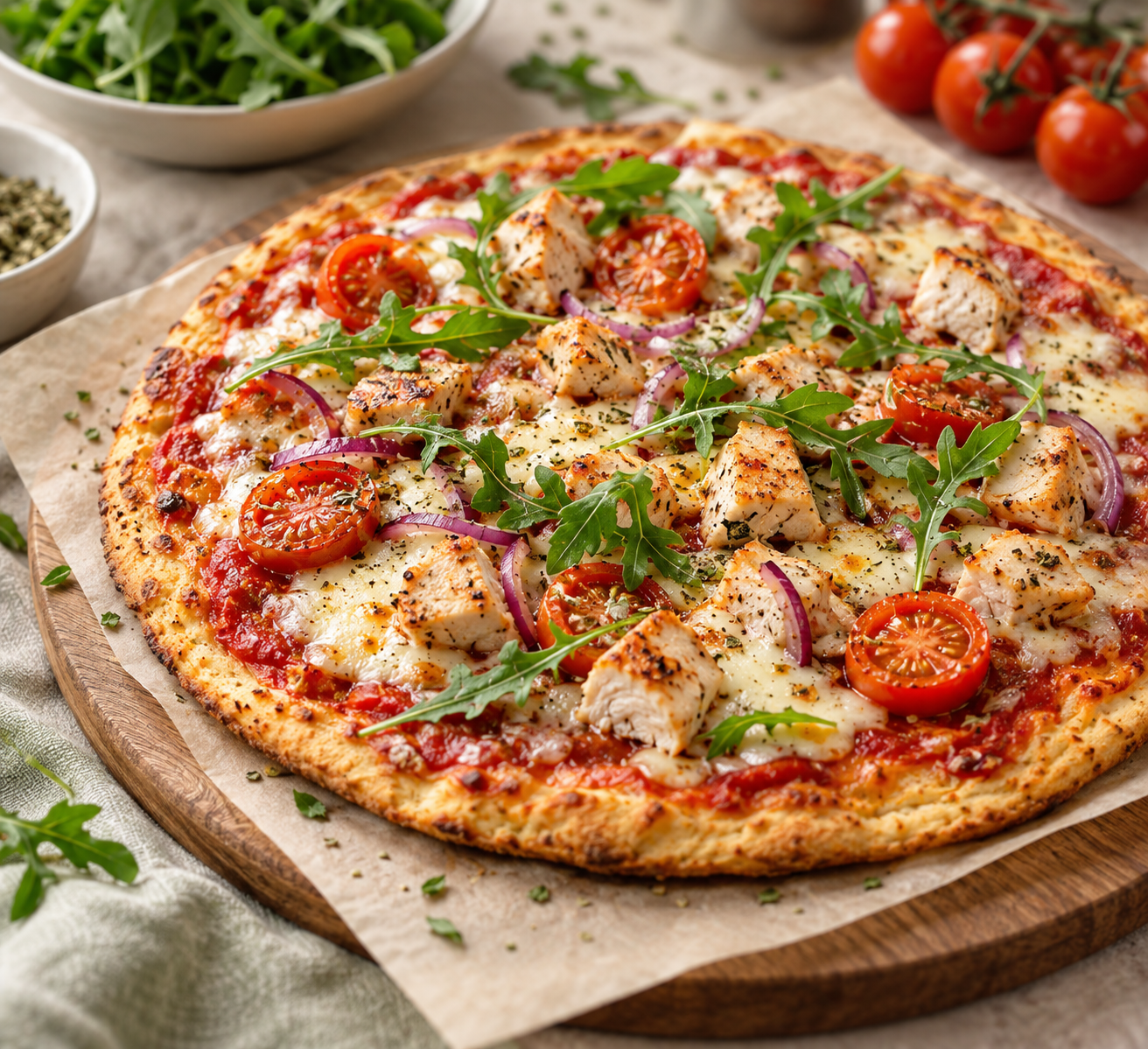 Pizza proteica casera con pollo, mozzarella, tomate y rúcula