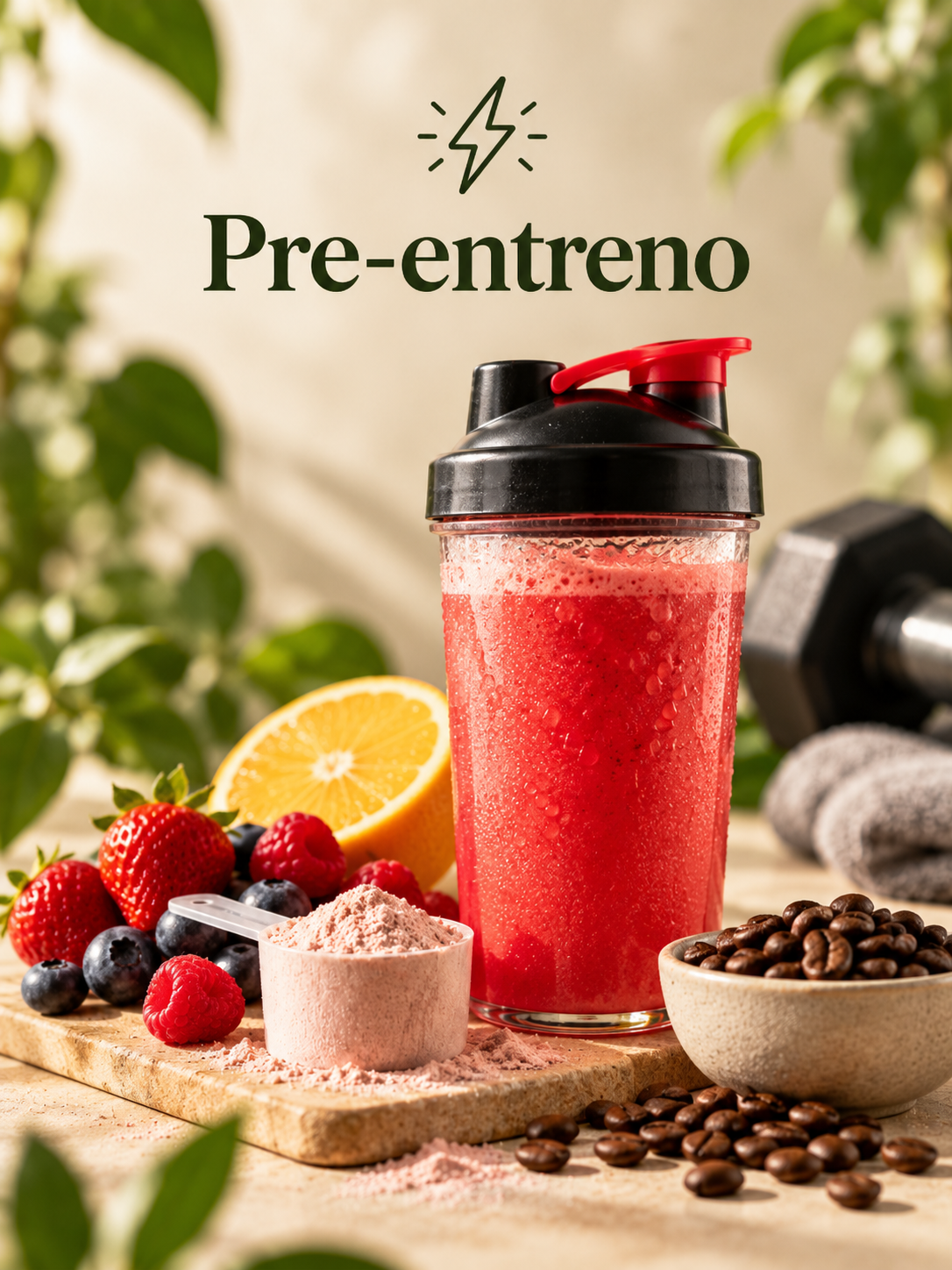 Bebida de preentreno con frutas y gimnasio