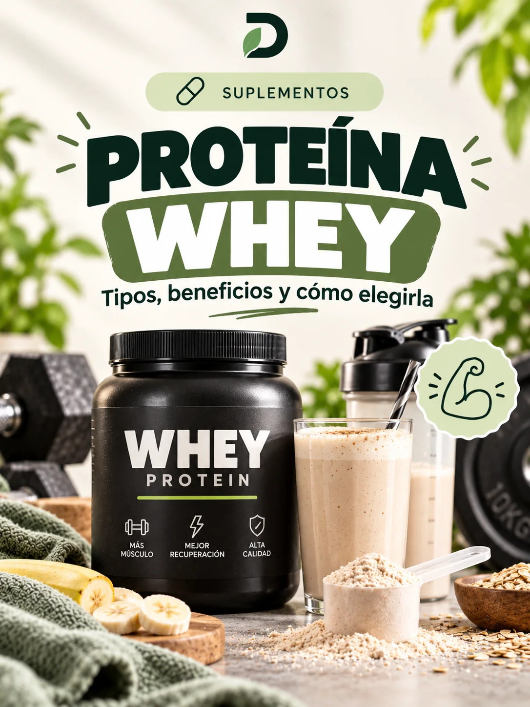 Proteína whey con batido, polvo y galletas