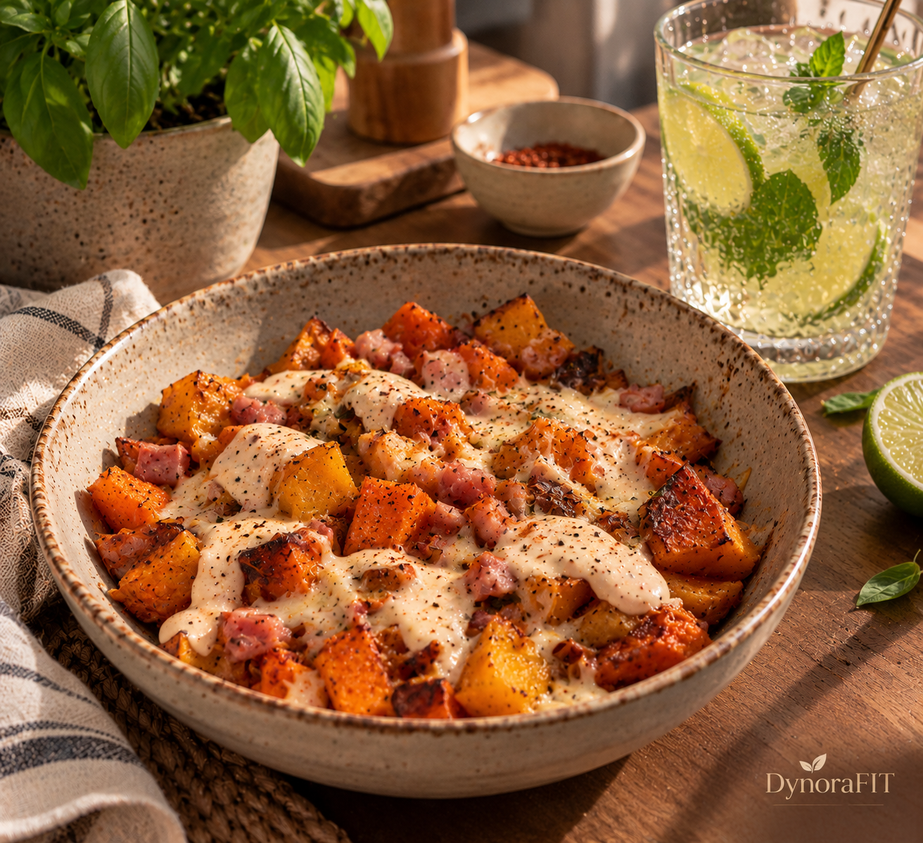 Bol de boniato y calabaza asados con salsa cremosa, junto a una limonada con lima y albahaca