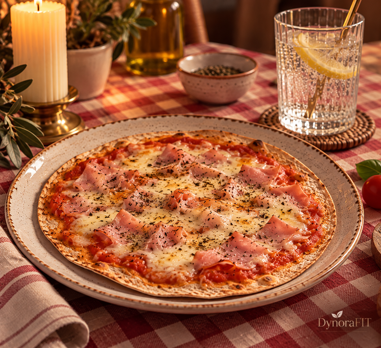 Fajipizza integral con tomate, queso fundido y jamón cocido sobre mantel de cuadros