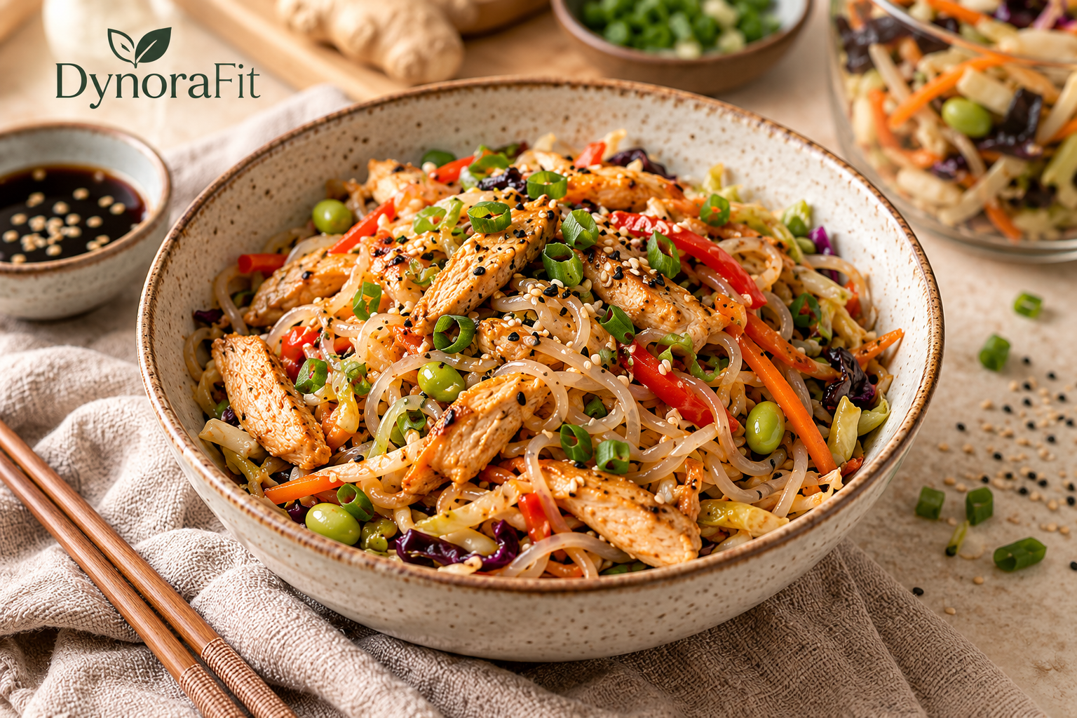 Pasta konjac asiática con pollo y salsa de soja dulce preparada y presentada en un plato