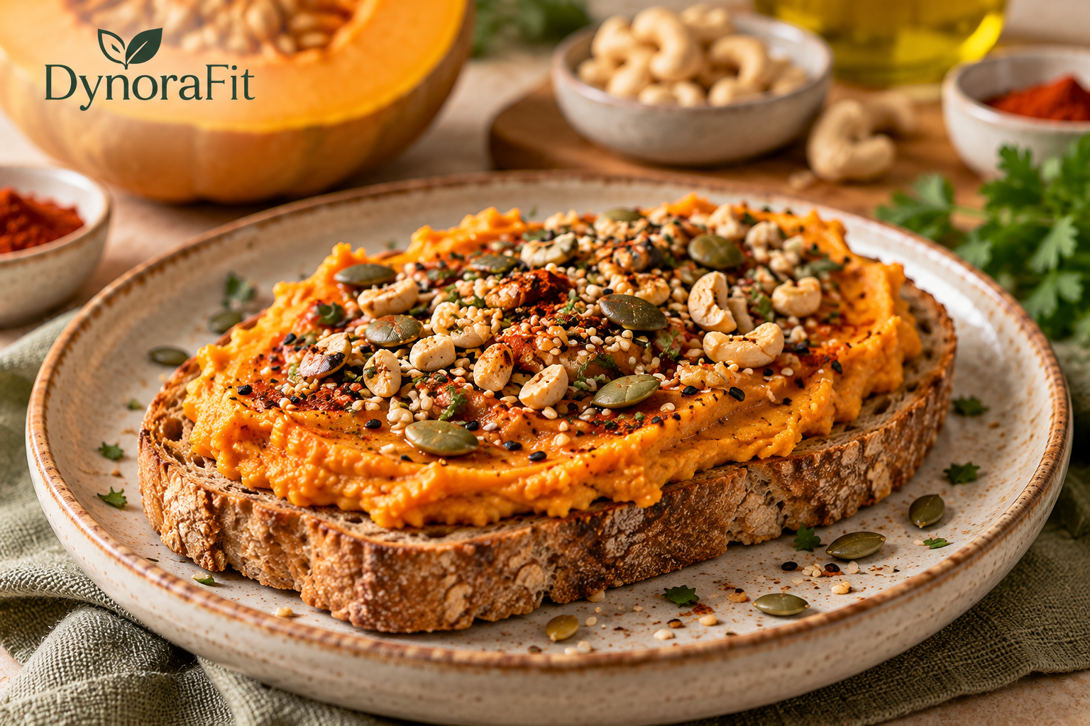 Tostadas con sobrasada vegetal de calabaza y anacardos preparada y presentada en un plato