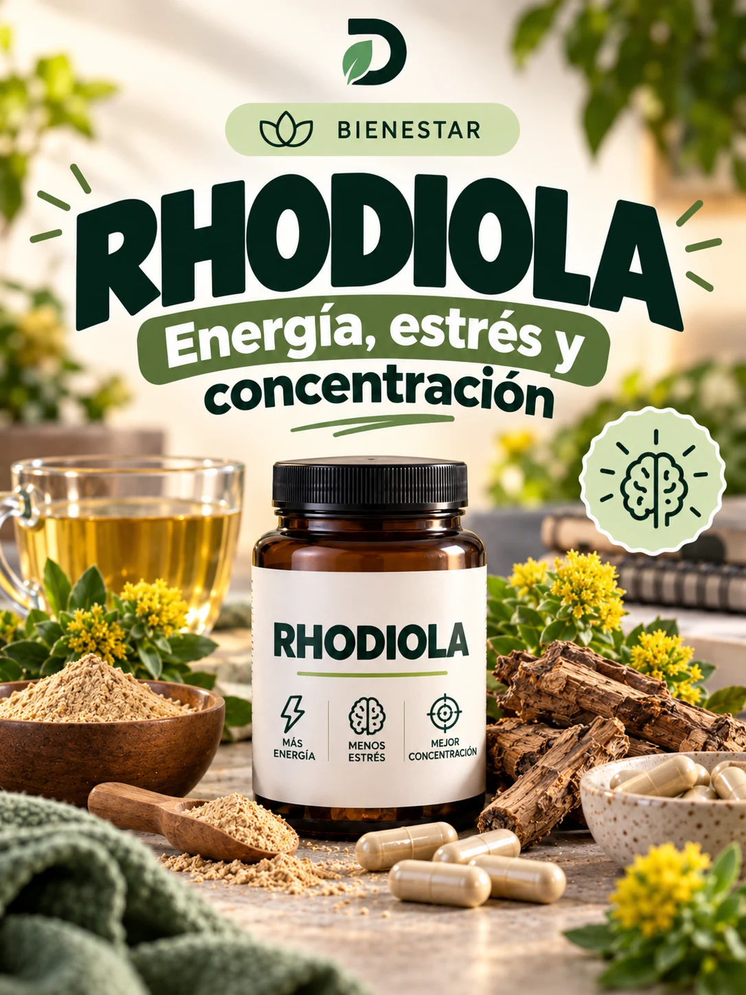 Rhodiola con flores amarillas, polvo vegetal y cápsulas