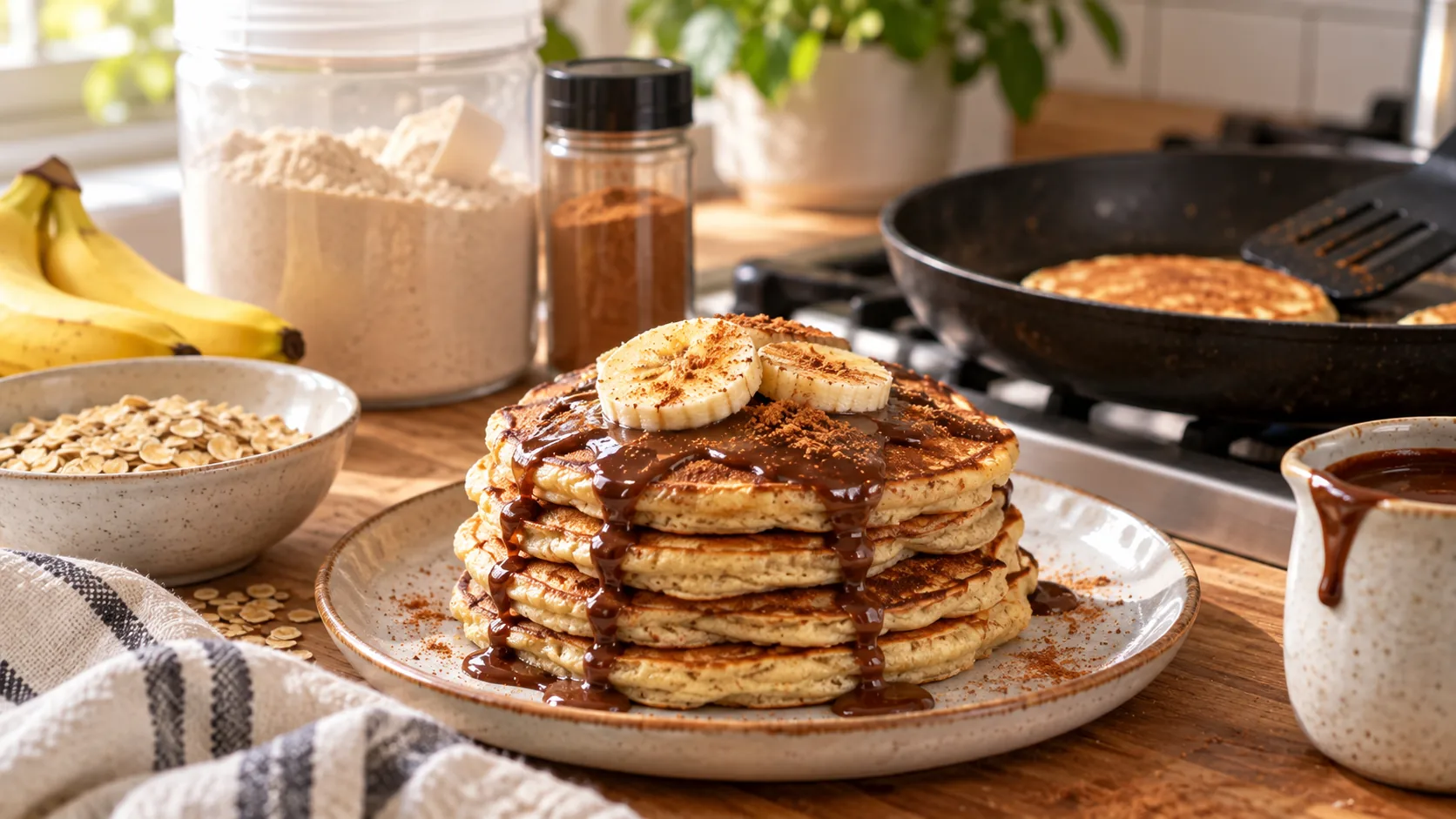 Tortitas caseras con cacao, canela y proteína al fondo en la cocina